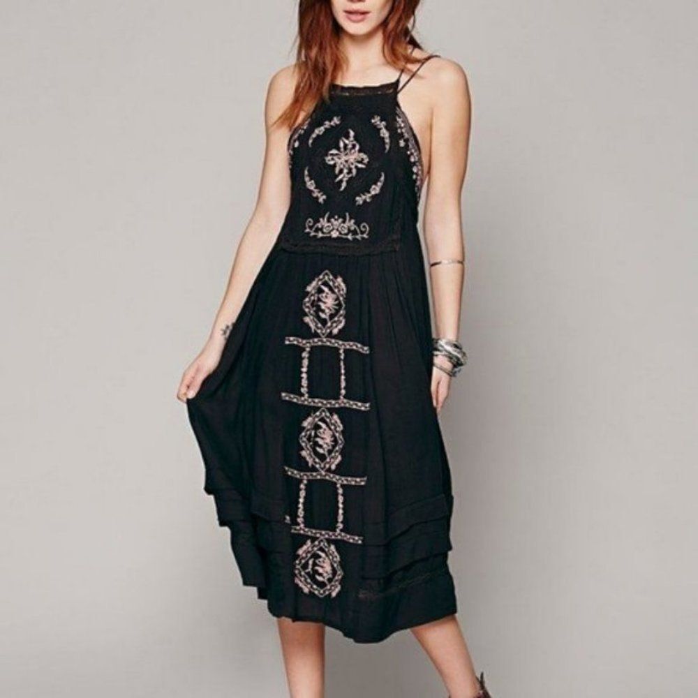 Free People Diamond In‎ The Sky Floral Embroidered Strappy Boho Midi Dress XS